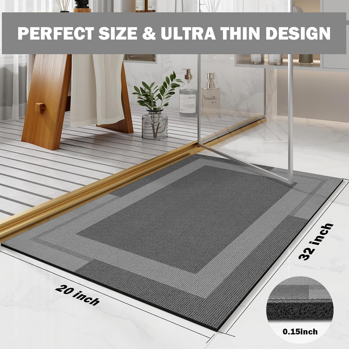 Non Slip Bath Mat, Rubber Backing Ultra Thin Bathroom Rugs Fit Under Door Quick Dry Super Absorbent Washable Bath Rug Shower Mat for Bathroom Floor Bathtub Sink, Easy Care Dark Grey 20"x 32"