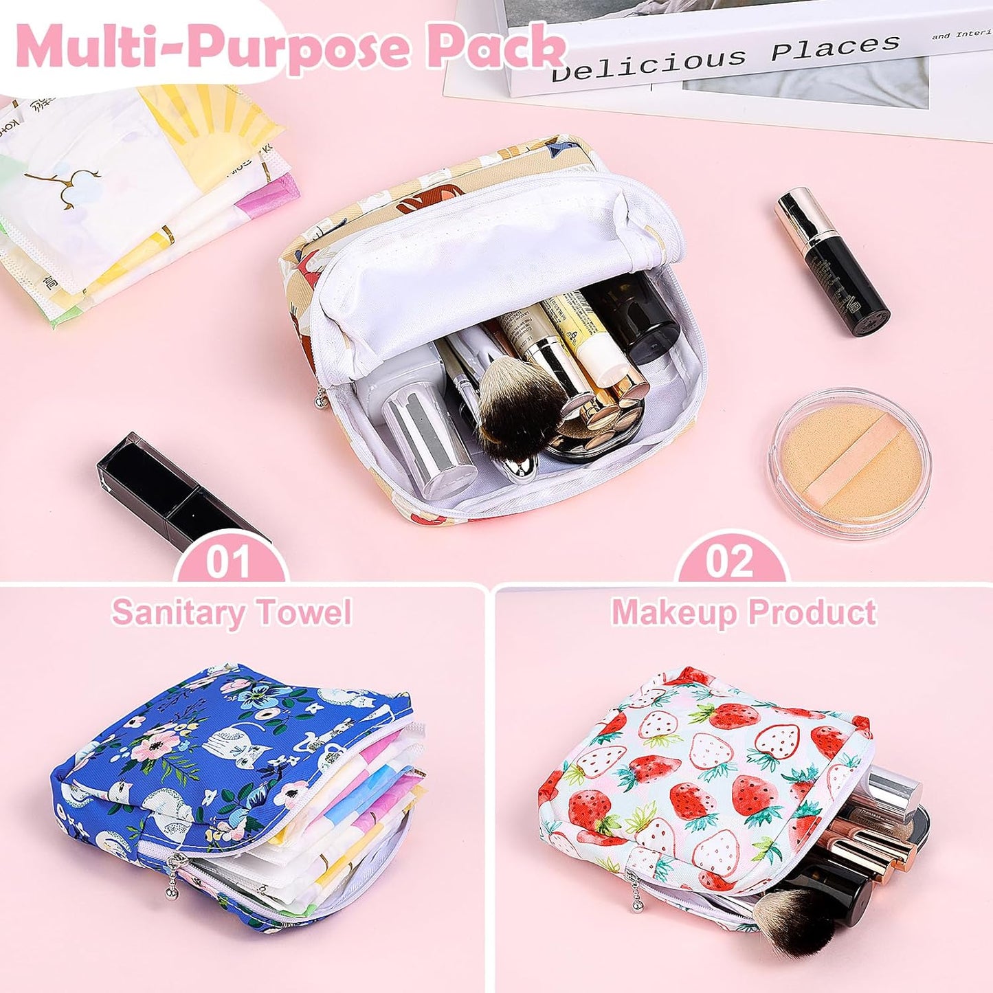 Desing Wish Period Bag Pouch Soft Cloth Sanitary Napkin Storage Bag Portable Menstrual Pad Pouches Tampon Holder for Purse First Period Kit for Girls 9-12 (Strawberry)