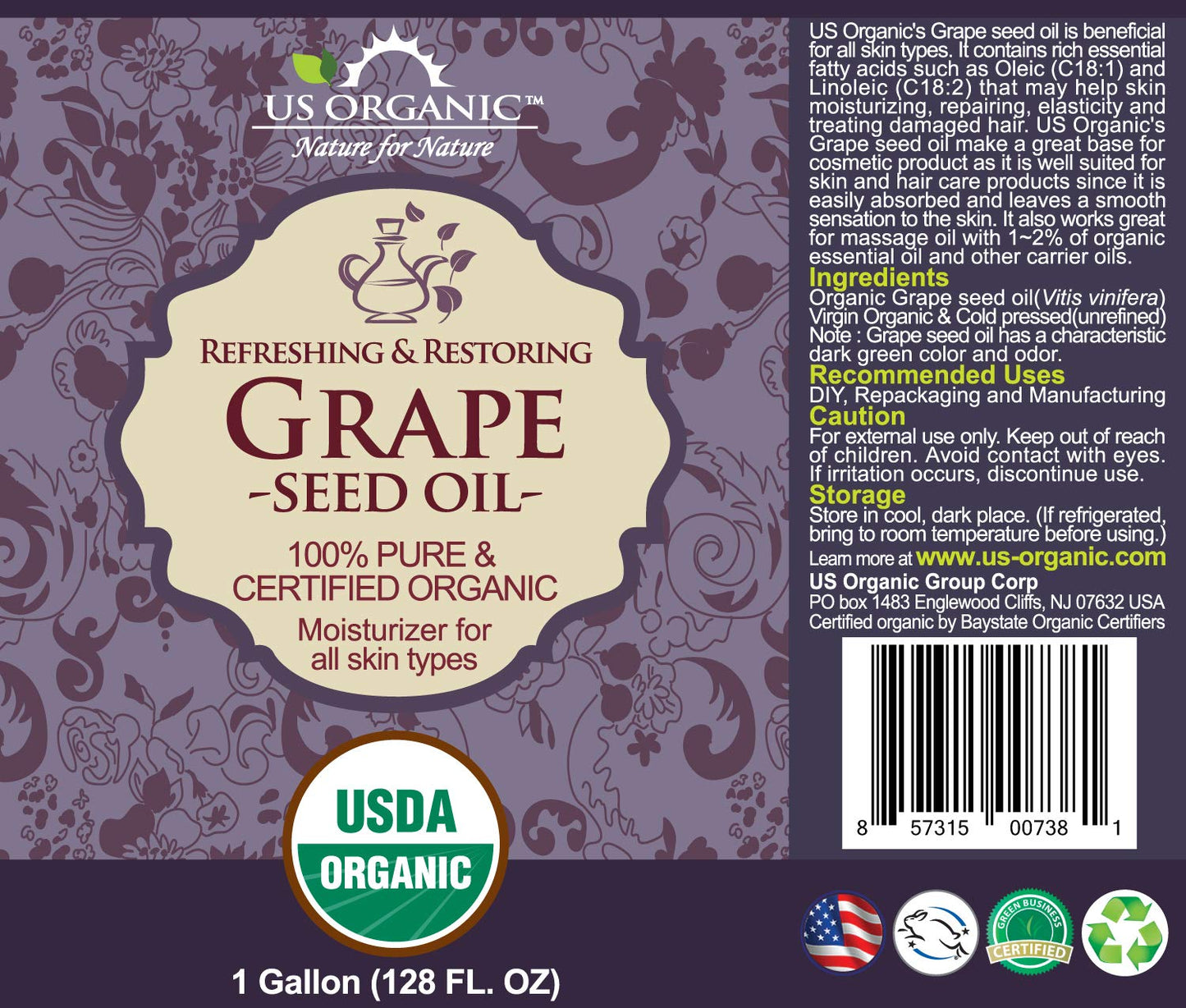 US Organic Grape Seed Oil, USDA Certified Organic, 100% Pure & Natural, Cold Pressed Virgin, Unrefined, Size for DIY and Small Manufacturers (128 oz (1 Gallon))