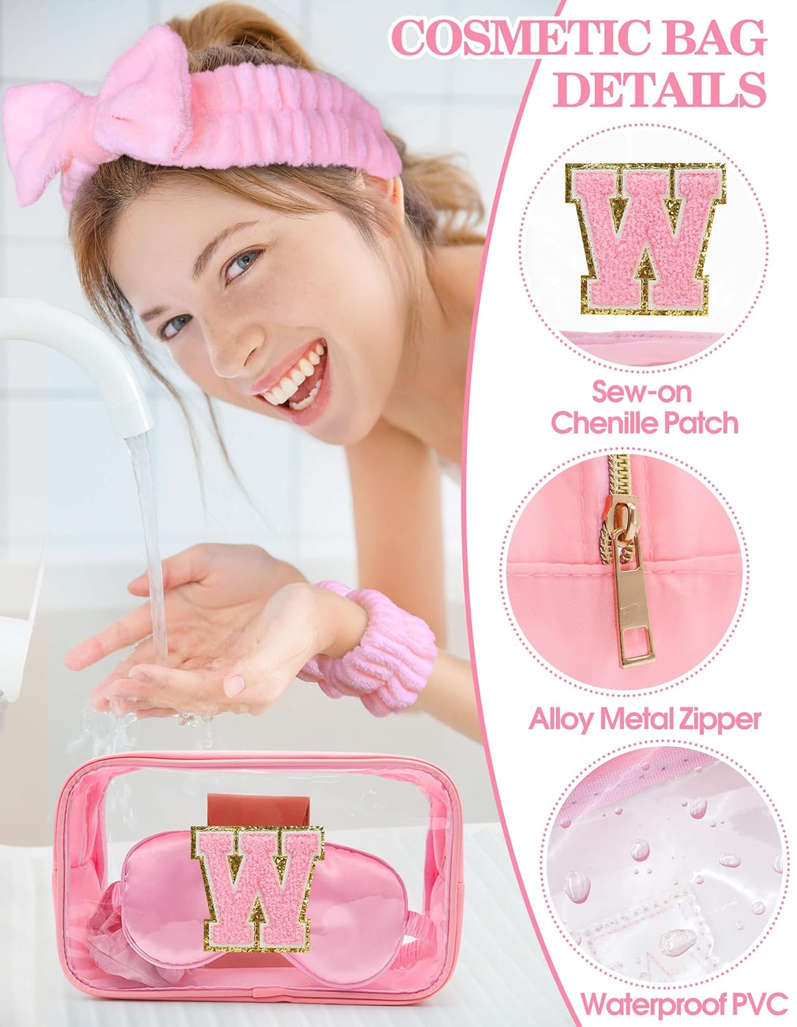 Gift Sets for Women, Initial Makeup Bag with Makeup Brush Set Bachelorette Party Favors, Pink Spa Kit with Skincare Headbands Wrist Bands Sleepover Party Supplies Gifts for Teen Girls Bridesmaid W