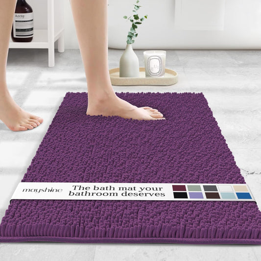 MAYSHINE Plush Shaggy Chenille Bath Mat | Extra Soft, Super Absorbent, Non-Slip Bathroom Rug | Fluffy Microfiber, Area Rug Sets for Bathroom Floor, Kitchen, Living Room | 24"x17" | Plum