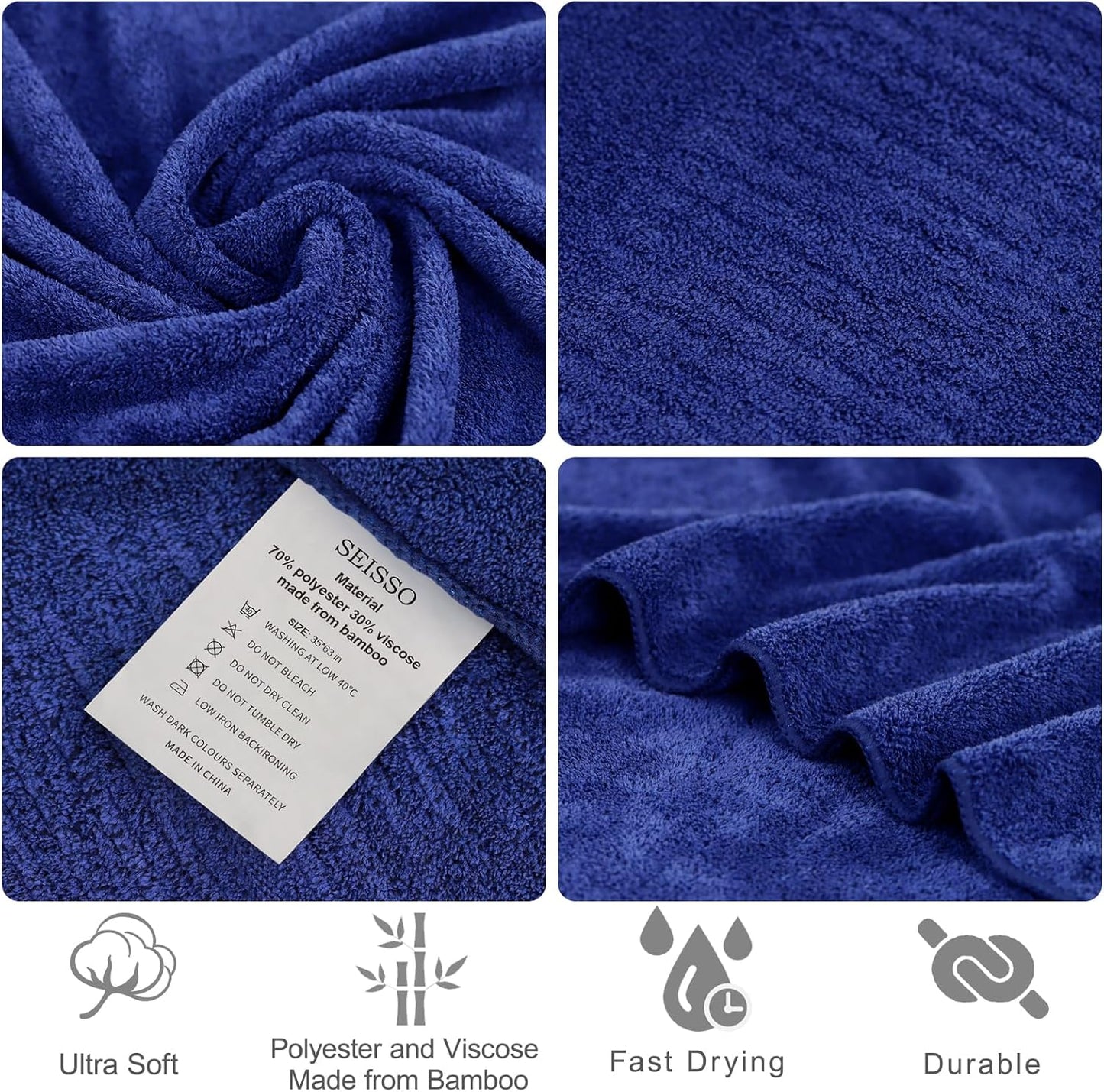 SEISSO Bath Towels, Super Soft Towels for Bathroom, Highly Absorbent Large Towel Set 35 x 63 Inches, Quick Dry Multipurpose Use for Fitness,Spa,Sports Towels,Yoga Towel, Navy Blue (2 Pack)