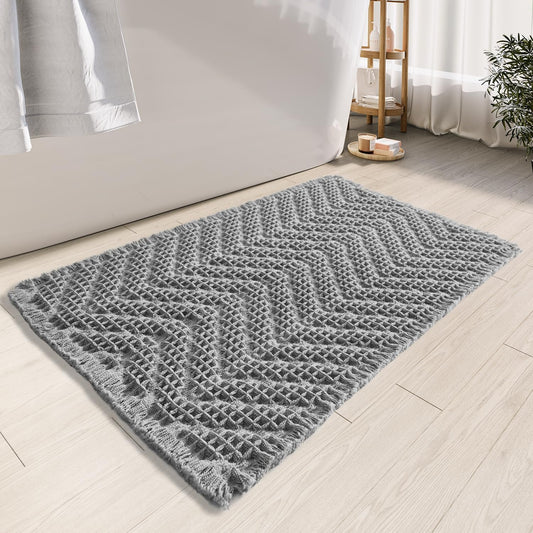Bath Rugs,Upgraded Waffle Bath Mat,Super Absorbent Boho Bath Rug Non Slip Bath Rugs,Machine Washable Rugs, Rubber Backed Shower Matt, Ultra Soft,Gray,18" x 30"