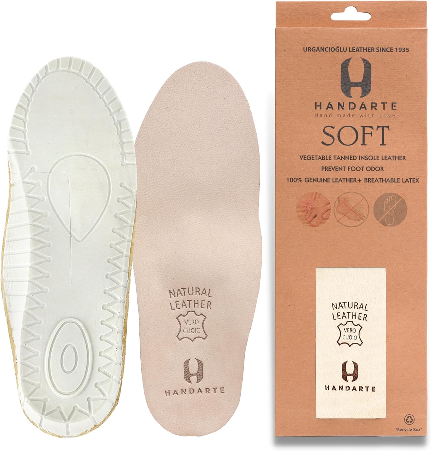 HANDARTE Leather Orthopedic Insoles | Padded Comfort Shoe Inserts for Women | 100% Natural Goatskin - ChromeFree, Anti Sweat & Anti-Odor - Suitable for No-Socks (US W7 | EU38)