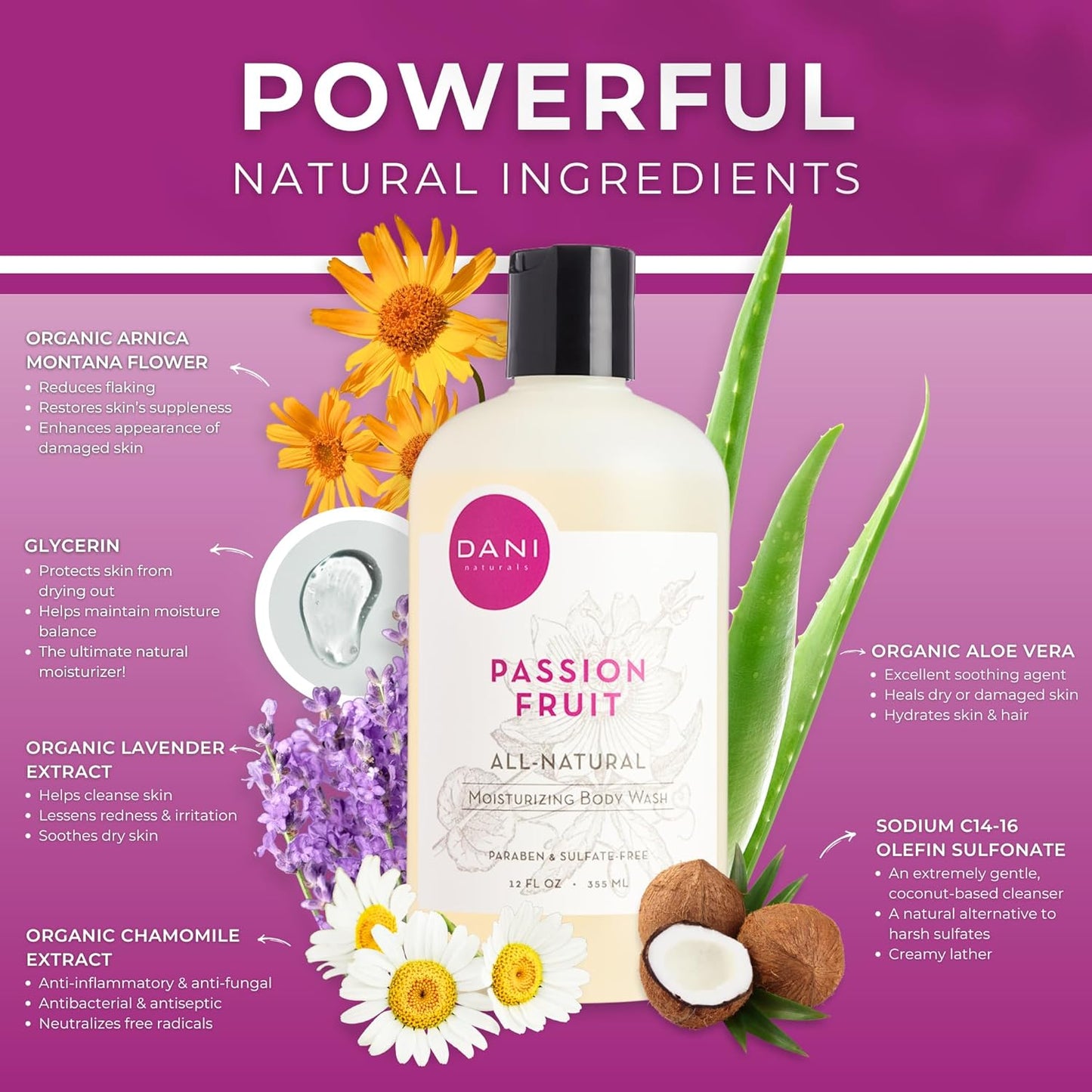 DANI Naturals Moisturizing Body Wash - Sweet Passion Fruit Scent with Organic Aloe Vera & Natural Glycerin - Sulfate & Paraben-Free Shower Gel - 12 oz - Vegan & Cruelty-Free