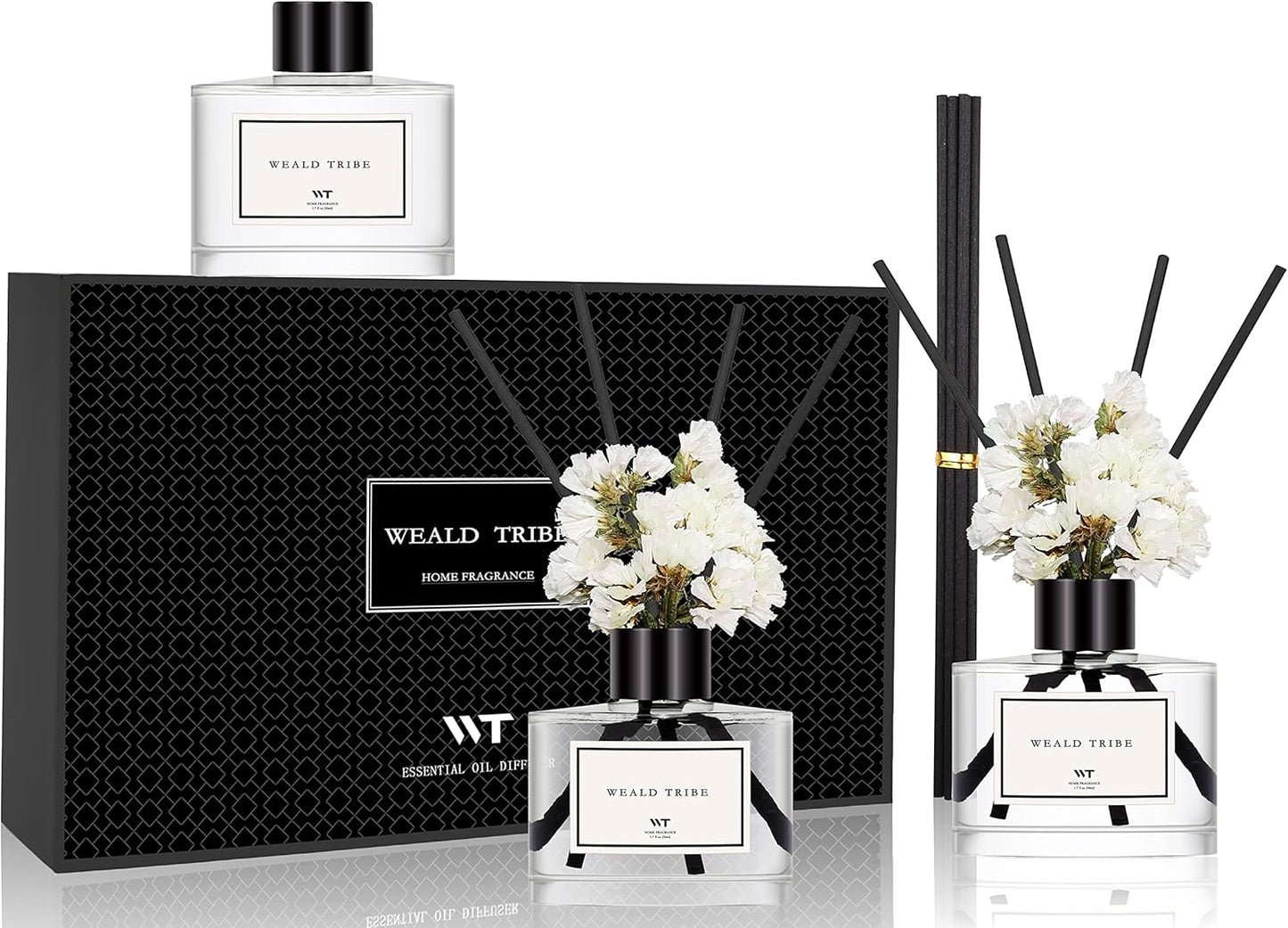 WEALD TRIBE Real Flower Reed Diffuser Set of 3 for Bathroom Shelf Decor, Lemongrass,Eucalyptus & Mint,Velvet Vanilla Scent Sticks Defusers with Essential Oils | Home Office Fragrance(1.7 fl oz/Pack)