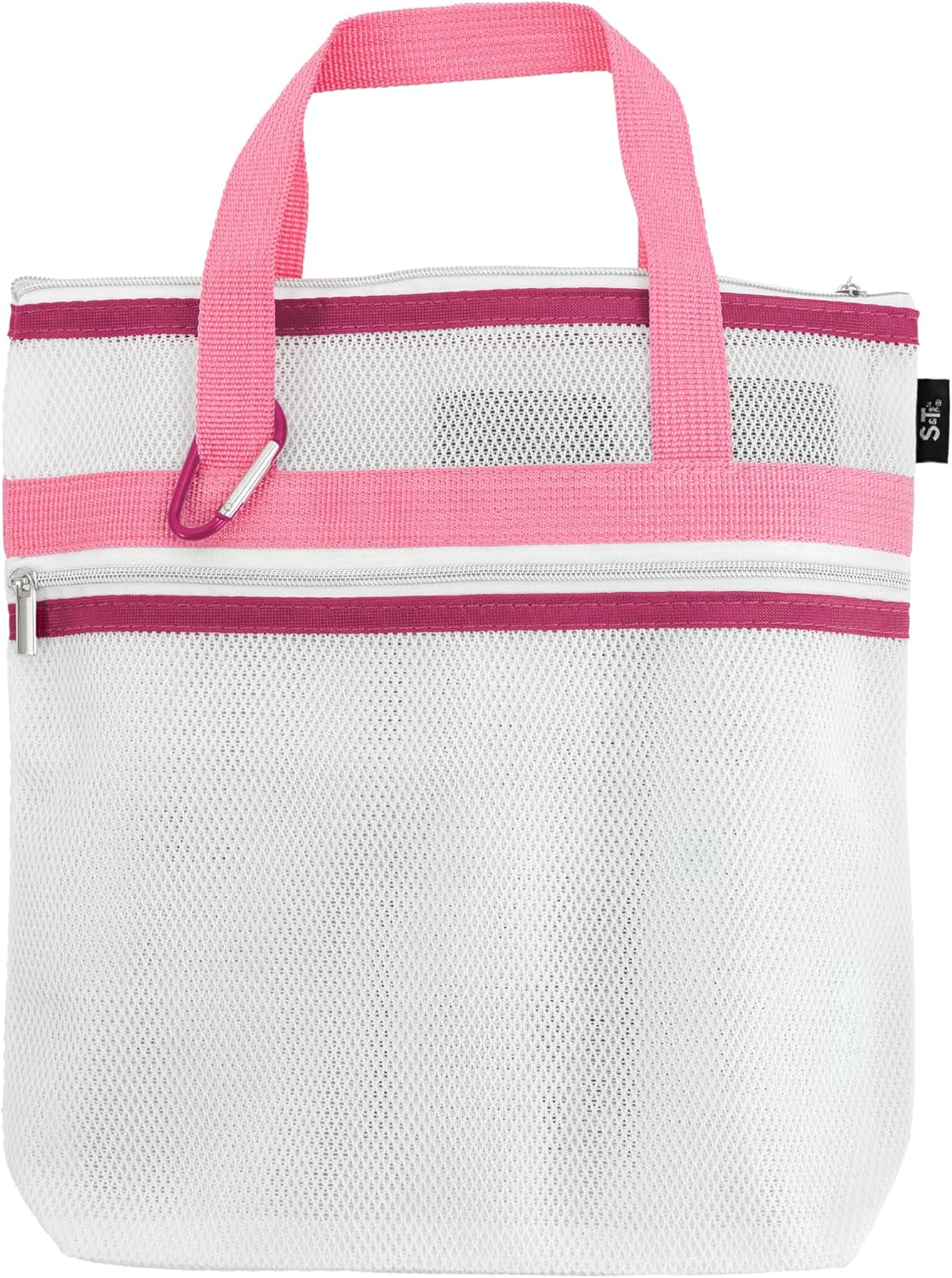 S&T INC. Mesh Shower Caddy, Shower Bag for Dorm Room Essentials, Gym Bag, Camping and More, Two Zippered Pockets, White and Pink, 10 Inches x 10 Inches