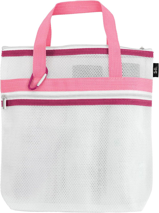 S&T INC. Mesh Shower Caddy, Shower Bag for Dorm Room Essentials, Gym Bag, Camping and More, Two Zippered Pockets, White and Pink, 10 Inches x 10 Inches