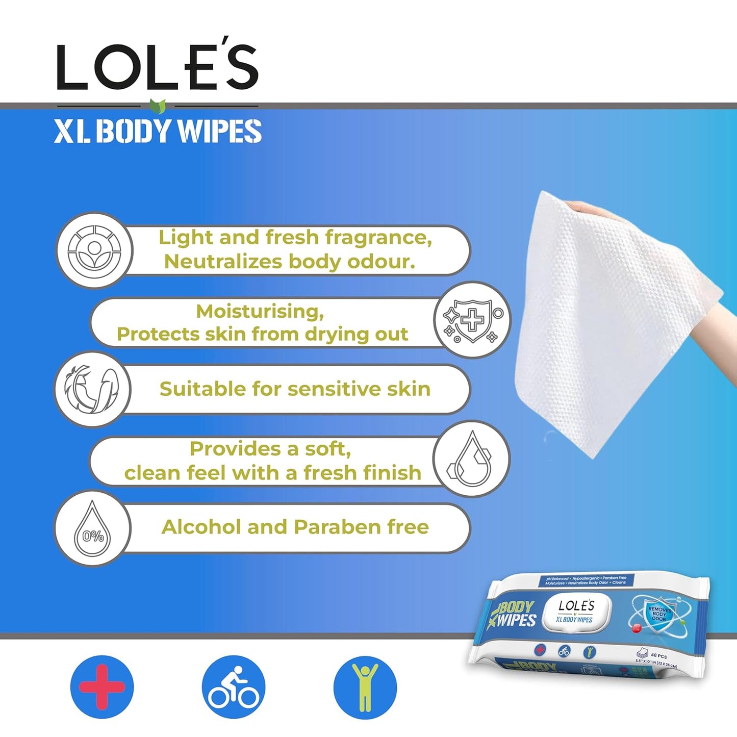LOLE'S Body Wipes for Adults Bathing No Rinse XL – Bath Wipe for Adult, 48 Count Extra Large, – Shower Wipes – Body Wipe for Camping, Travel, Gym, Elderly Care, Women & Men – Fresh & Moisturizing