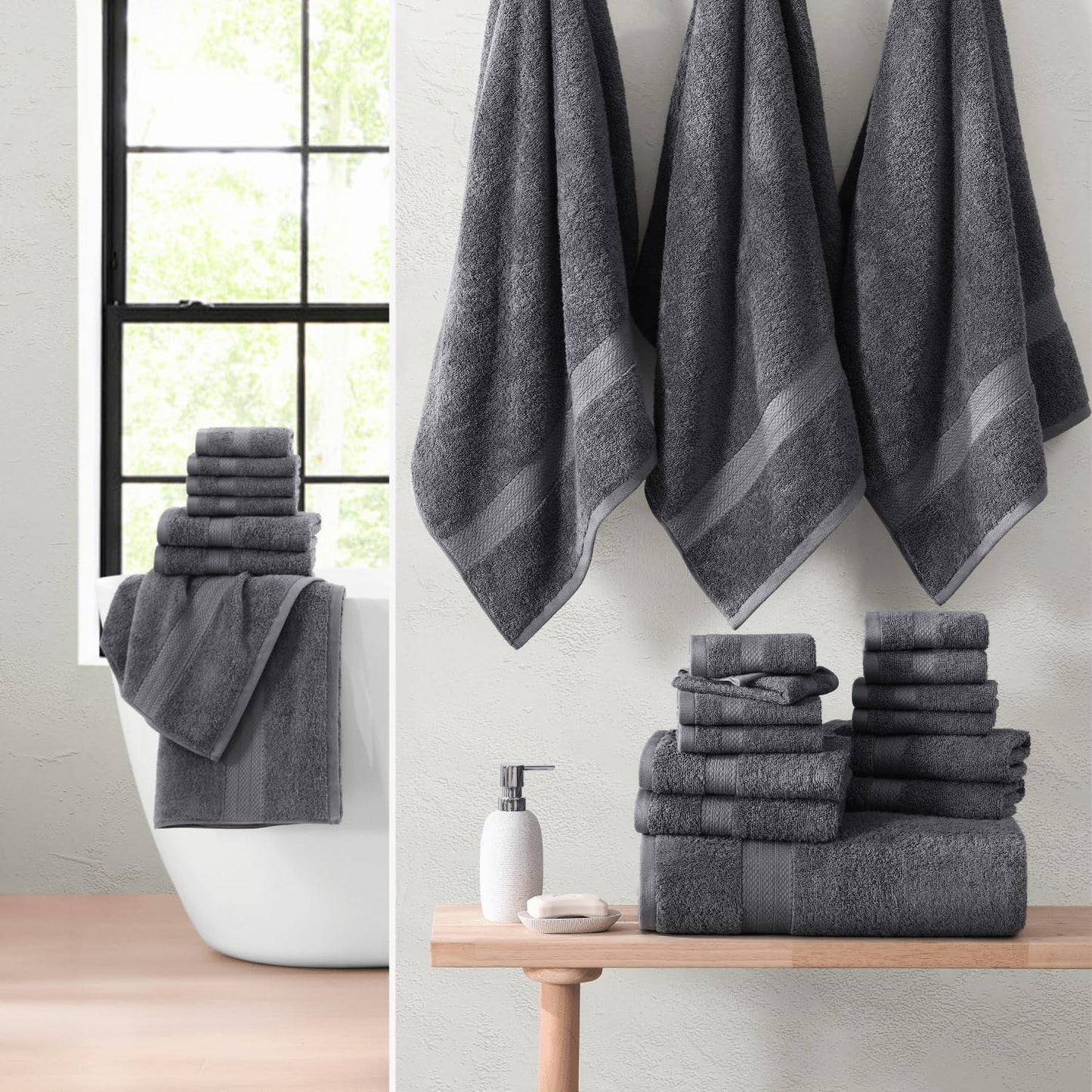 24 Pc 100% Cotton Bath Towels For Bathroom Set, Quick Dry, Machine Wash Soft & Absorbent, Oeko Tex Cert, Daily Use, Guest or Spa-2 Bath Sheets 4 Bath Towels 6 Hand, 4 Fingertip 8 Washcloths–Cool Grey