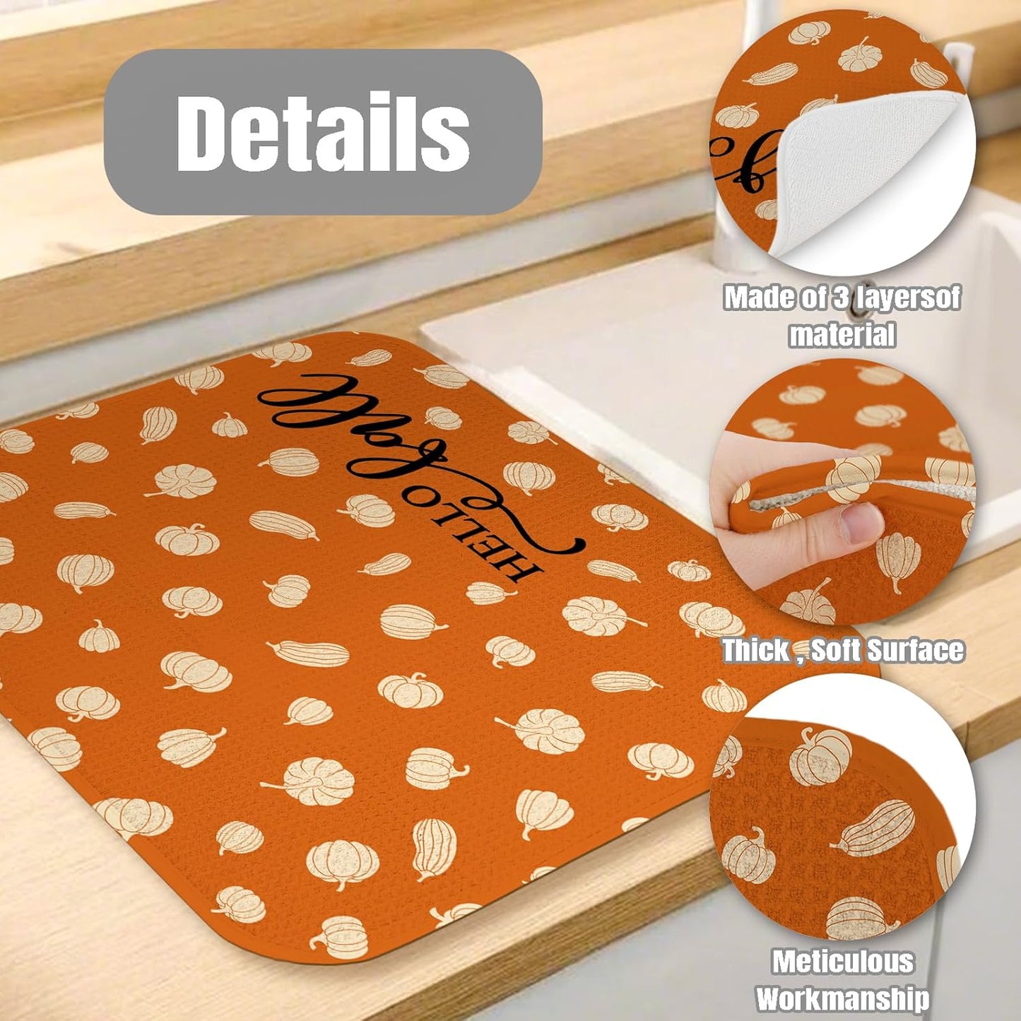 Dish Drying Mat for Kitchen Counter Large 16" x 18" Fall Pumpkin Absorbent Microfiber Dishes Drainer Rack Mats Pad Reusable Washable