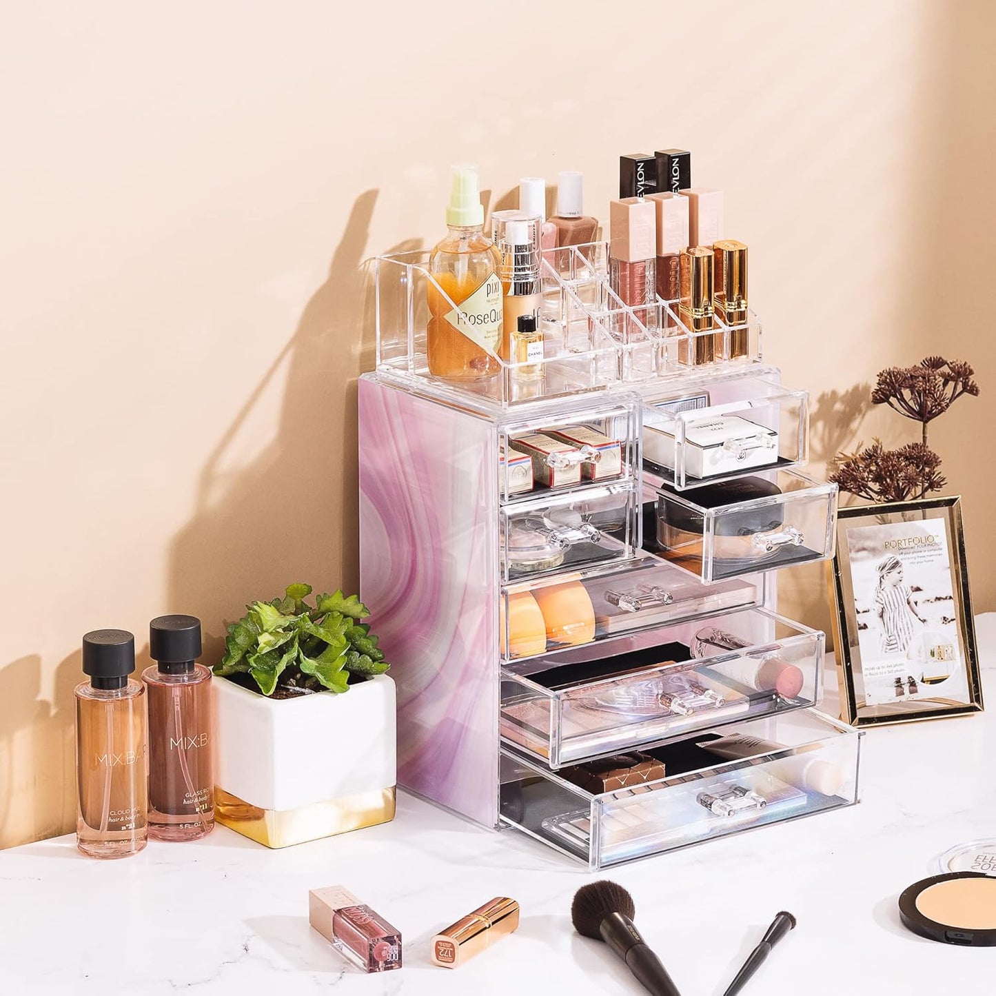 Sorbus Clear Cosmetic Makeup Organizer - Make Up & Jewelry Storage, Case & Display - Spacious Design - Great for Dresser, Bathroom, Vanity & Countertop (3 Large, 4 Small Drawers) [Tie Dye Print]