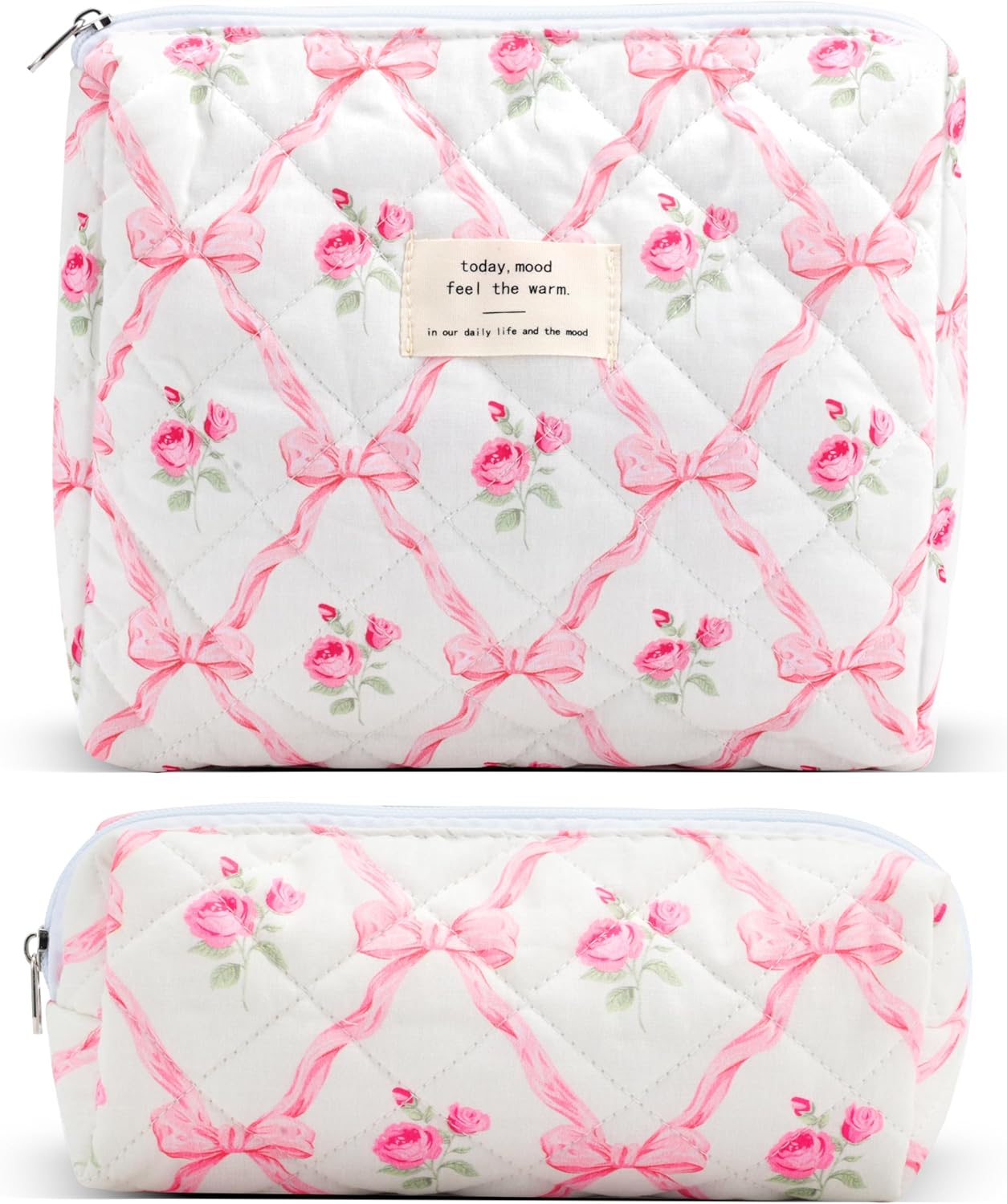 2Pcs Quilted Cotton Makeup Bag Large Travel Makeup Pouch Small Brush Holder Set for Women Cute Floral Coquette Makeup Bag Aesthetic Cosmetic Bag Pink Bow Toiletry Organizer Storage Bag Zipper Pouch