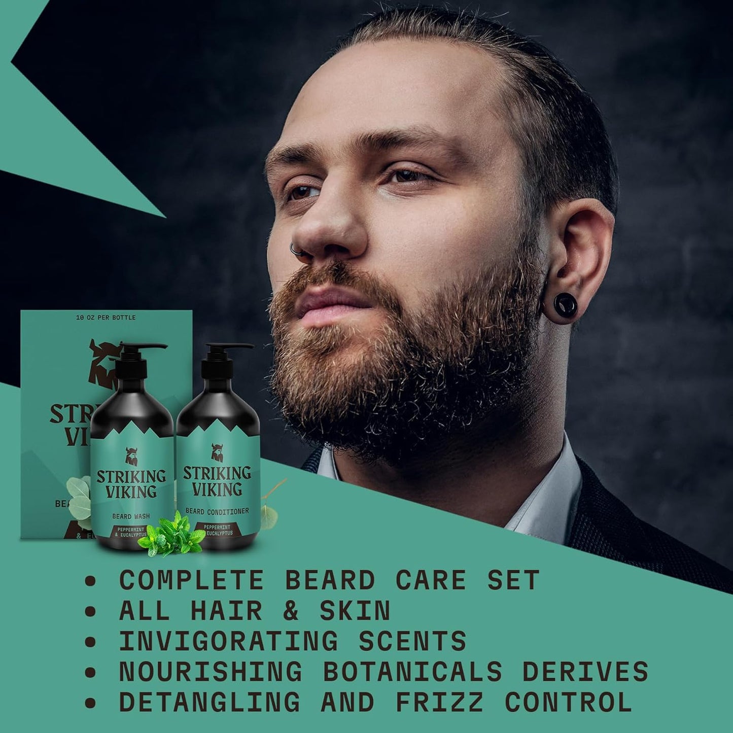 Striking Viking Beard Wash & Conditioner - 20 fl oz, Peppermint & Eucalyptus - Deep Clean & Itch Relief Beard Wash and Conditioner for Men - Hydrating Jojoba Facial Oil Treatment