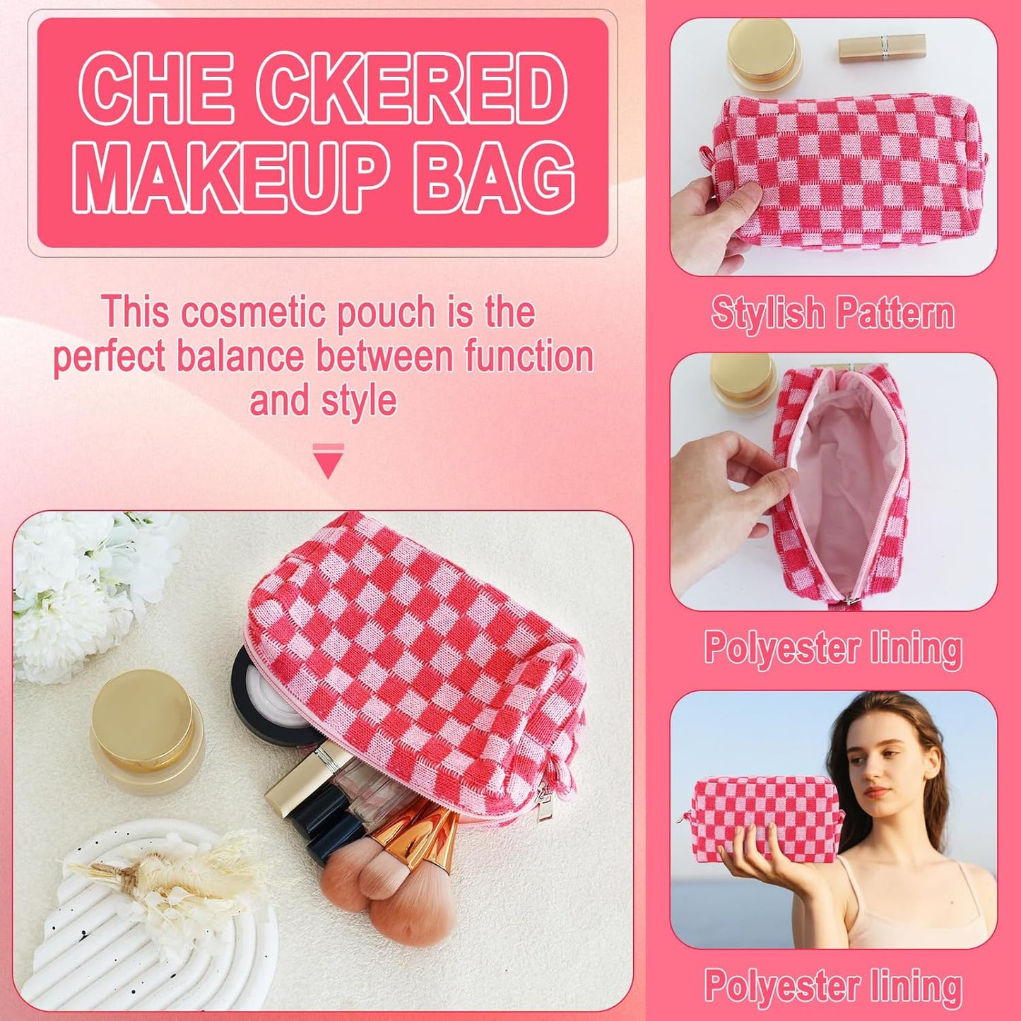 ZLFSRQ 6Pcs Checkered Pencil Case Cute Pencil Pouch for Teens Checkered Makeup Bag Pink Medium Travel Cosmetic Bag Makeup Pouch for Purse Aesthetic Trendy Zipper Toiletry Bags Organizer