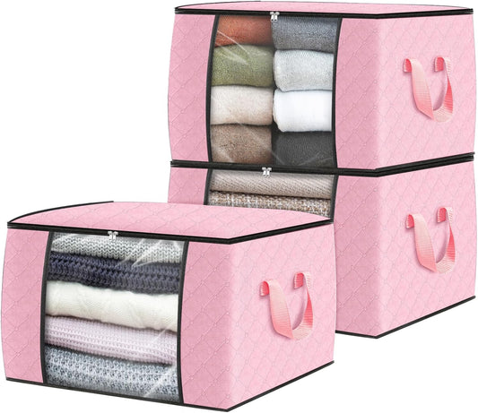 Fab totes 3 Pack Clothes Storage, Foldable Thick Fabric Blanket Storage Bags, Containers for Organizing Bedroom, Closet, Clothing, Comforter, Organization with Handle,Pink