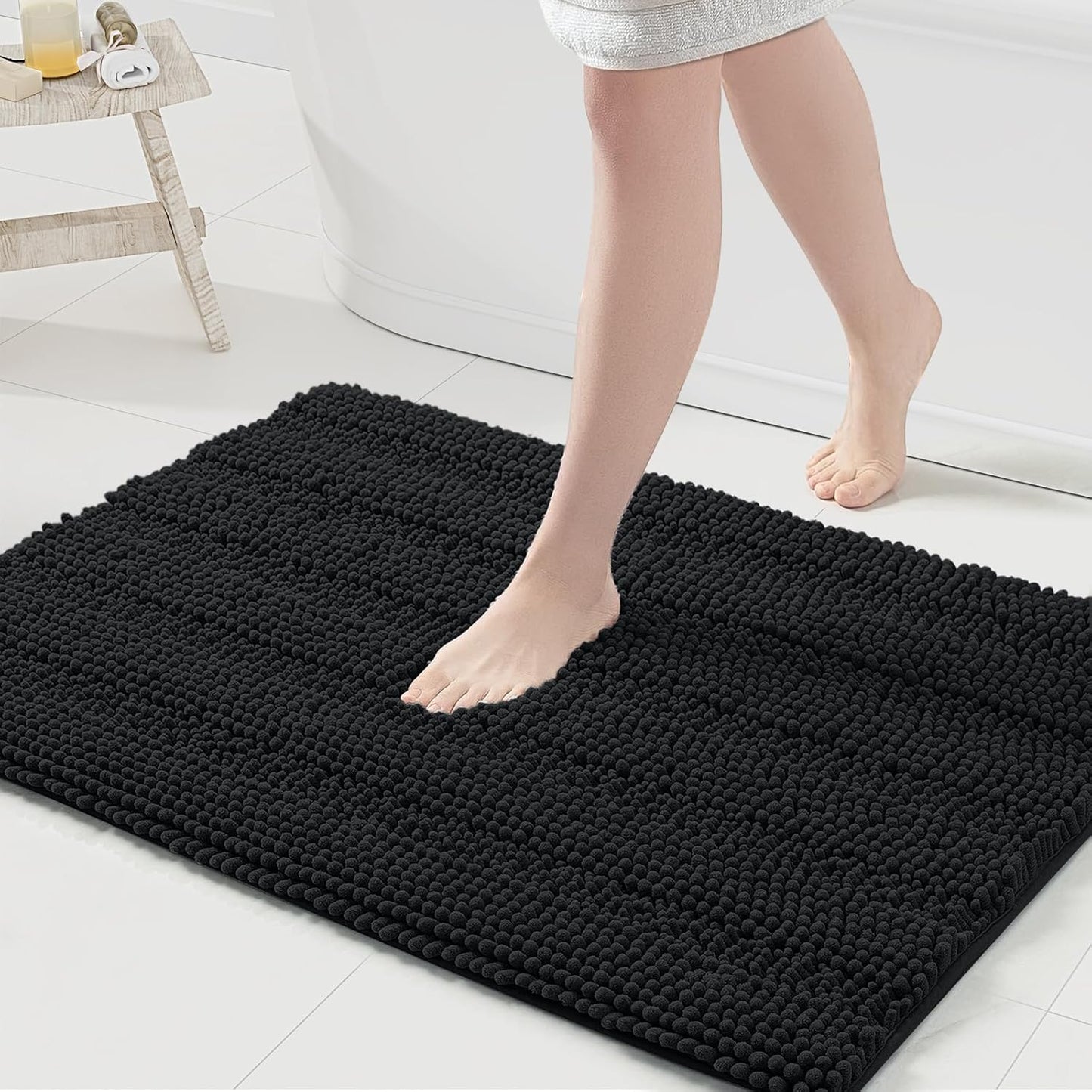 Grandaily Chenille Striped Bathroom Rugs 36x24, Extra Thick and Absorbent Bath Mats, Non-Slip Soft Plush Shaggy Shower Carpet, Machine Wash Dry, Bath Rug for Bathroom, (Large, Black)