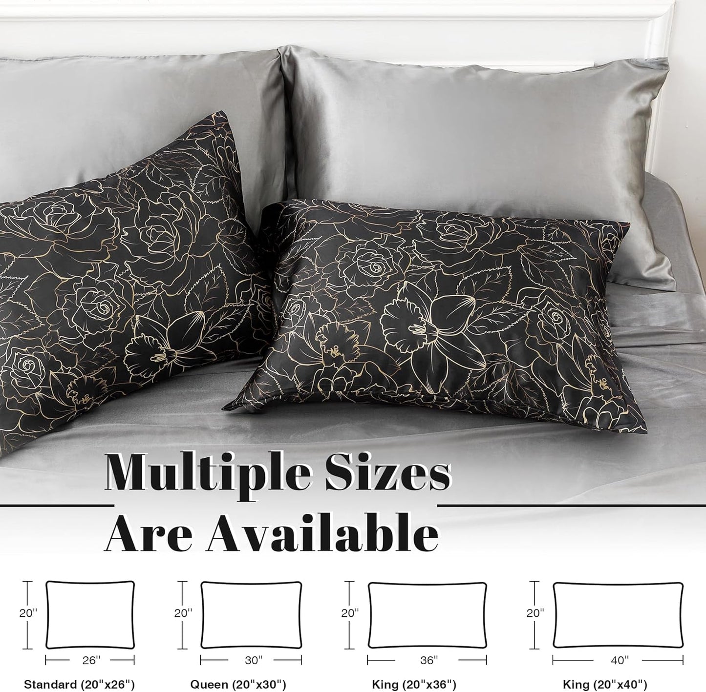 EXQ Home Satin Pillowcase for Hair and Skin- Rose on Black Silk Pillowcase 2 Pack 20x40 inches - King Size Pillow Cases with Envelope Closure, Gifts for Women