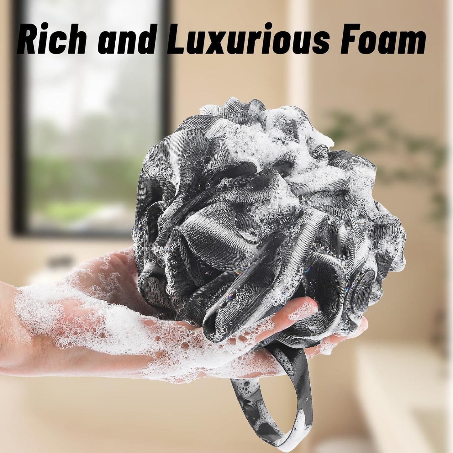 Loofah with Long Handle - Extra Large Soft PE Bath Sponge, Superior Mesh Body Scrubber for Shower with Hanging Rope - Exfoliating Back Scrubber for Shower, Suitable for Men & Women (Black)