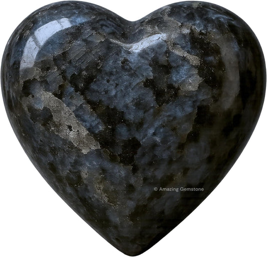 Amazing Gemstone Larvikite Crystal Heart Palm Stone - Pocket Massage Worry Stone for Natural Body Chakra Balancing, Reiki Healing and Crystal Grid