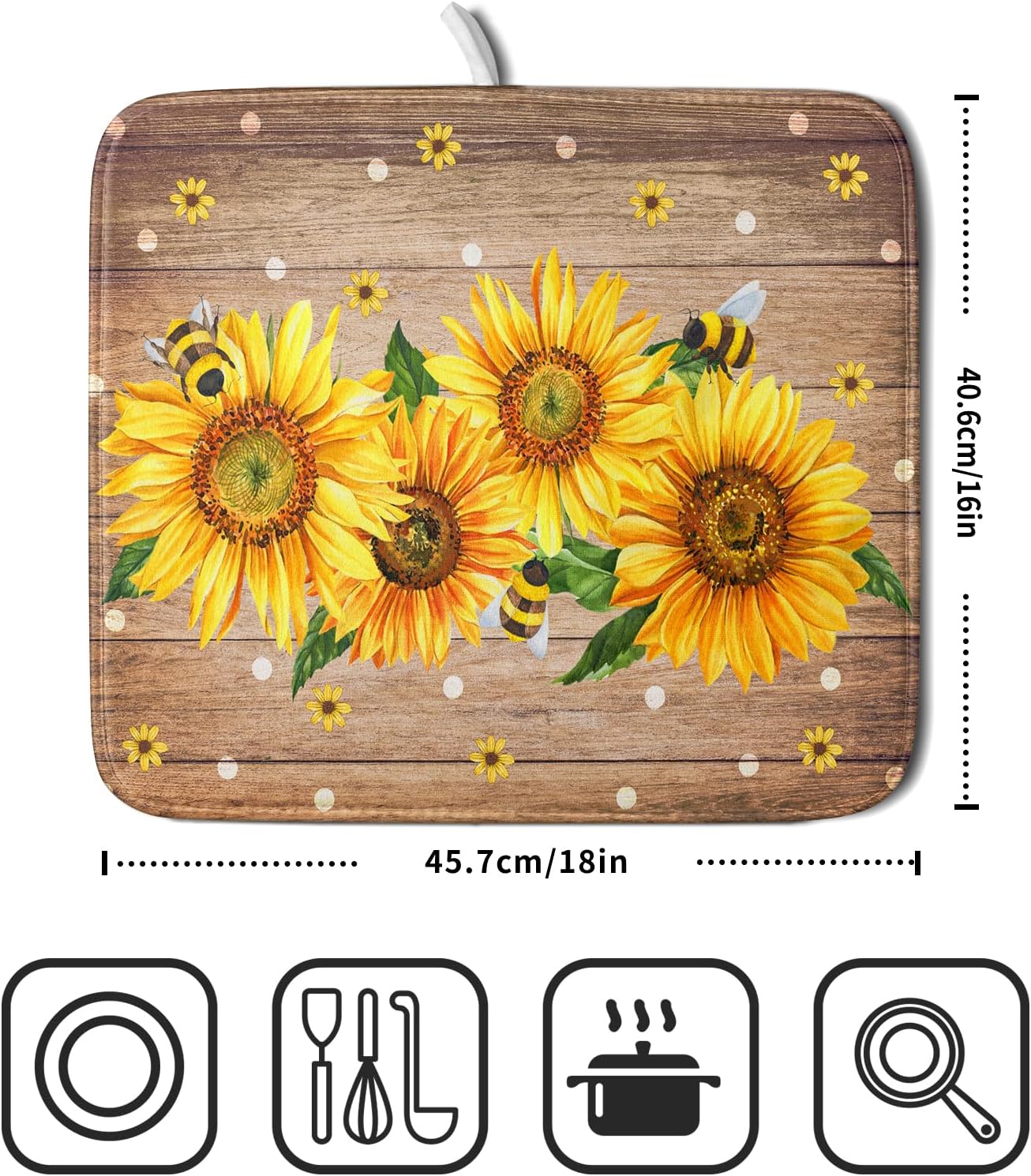 Sunflower Bee Dish Drying Mat for Kitchen Counter Home 16x18 Inch Wood Barn Microfiber Drainer Rack Mats Washable Absorbent Dish Dry Pad