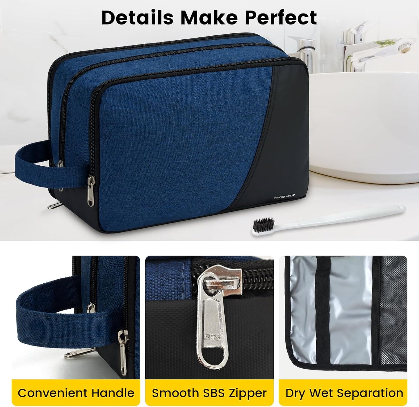 Vorspack Large Travel Toiletry Bag - Water Resistant Toiletry Bag for Men for Bathroom Toiletries Accessories Gifts - Navy Blue