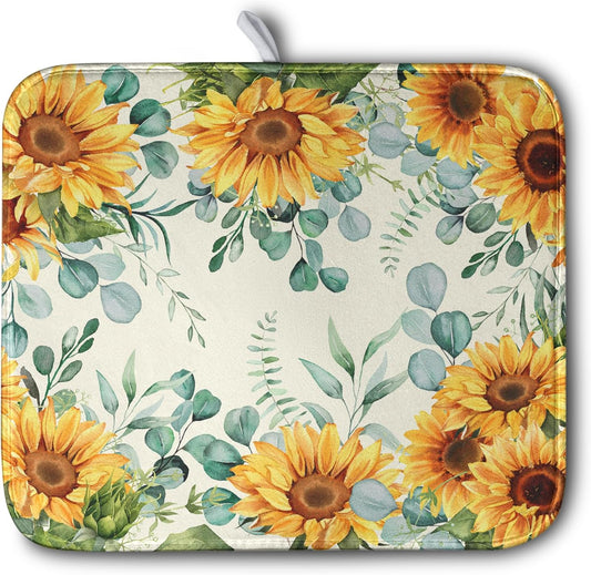 Sunflowers Dish Drying Mat for Kitchen Counter Yellow Flower Green Leaves Dish Draining Mats Spring Summer Floral Dishes Pad Microfiber Absorbent Dish Drainer Rack Mat 16x18 Inch