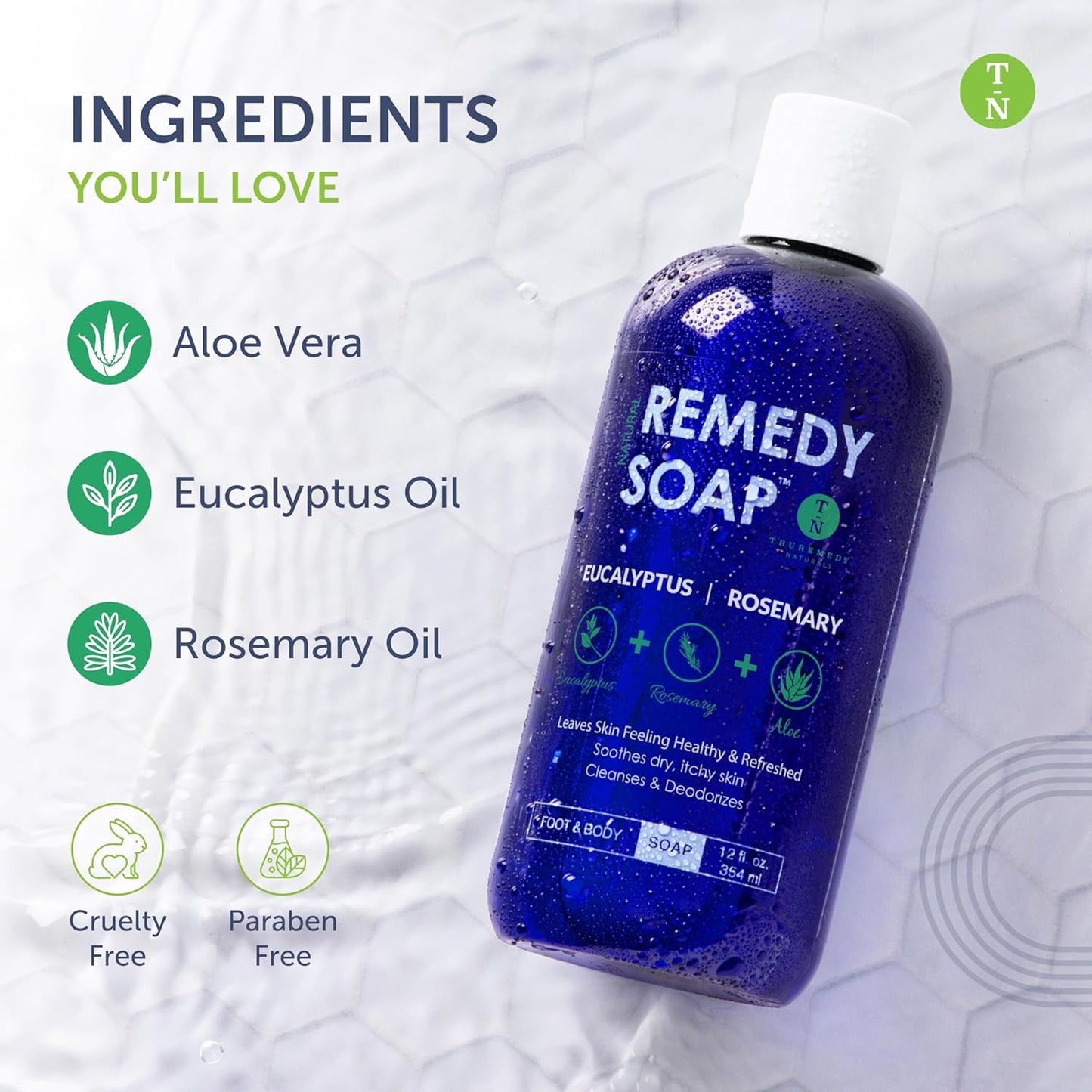 Truremedy Naturals Eucalyptus Rosemary Body Wash - Therapeutic and Relaxing Body Wash for Men and Women - Hydrating and Soothing Shower Gel - Organic Eucalyptus, Rosemary, Jojoba, Aloe - 12oz