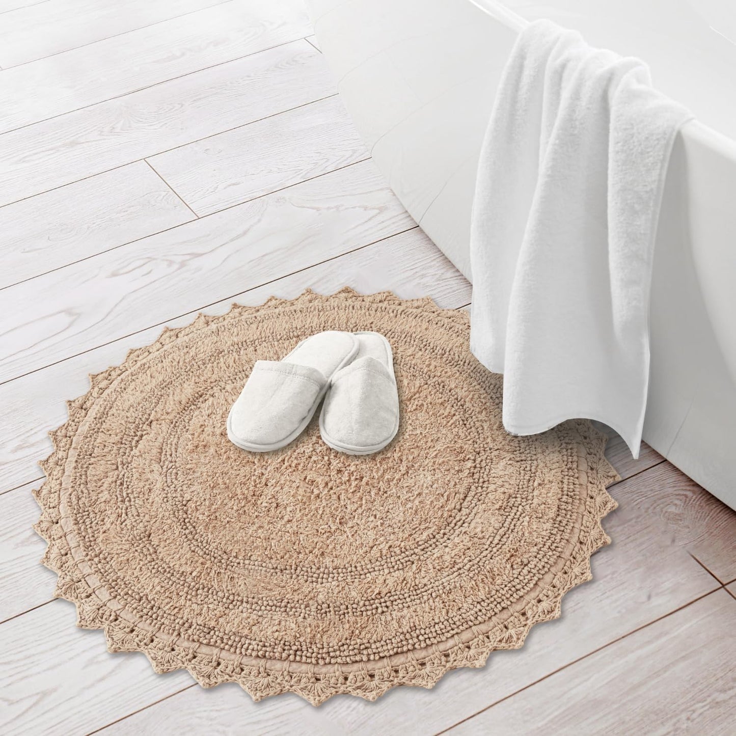 RAJRANG Circle Bathroom Mat for Kitchen and Spa with Crochet Pattern Cotton Absorbent Soft Reversible Woven Bath Rug Sand Round 24 Inches