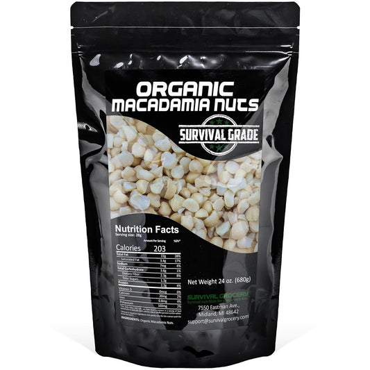 Survival Grocery® Organic Macadamia Nuts – Keto-Friendly Healthy Fats & Plant Protein, Oxygen- & Light-Barrier Packaging + O₂ & Moisture Packs, (Single or Multi-Pack Savings) (24 oz./1 Bag)