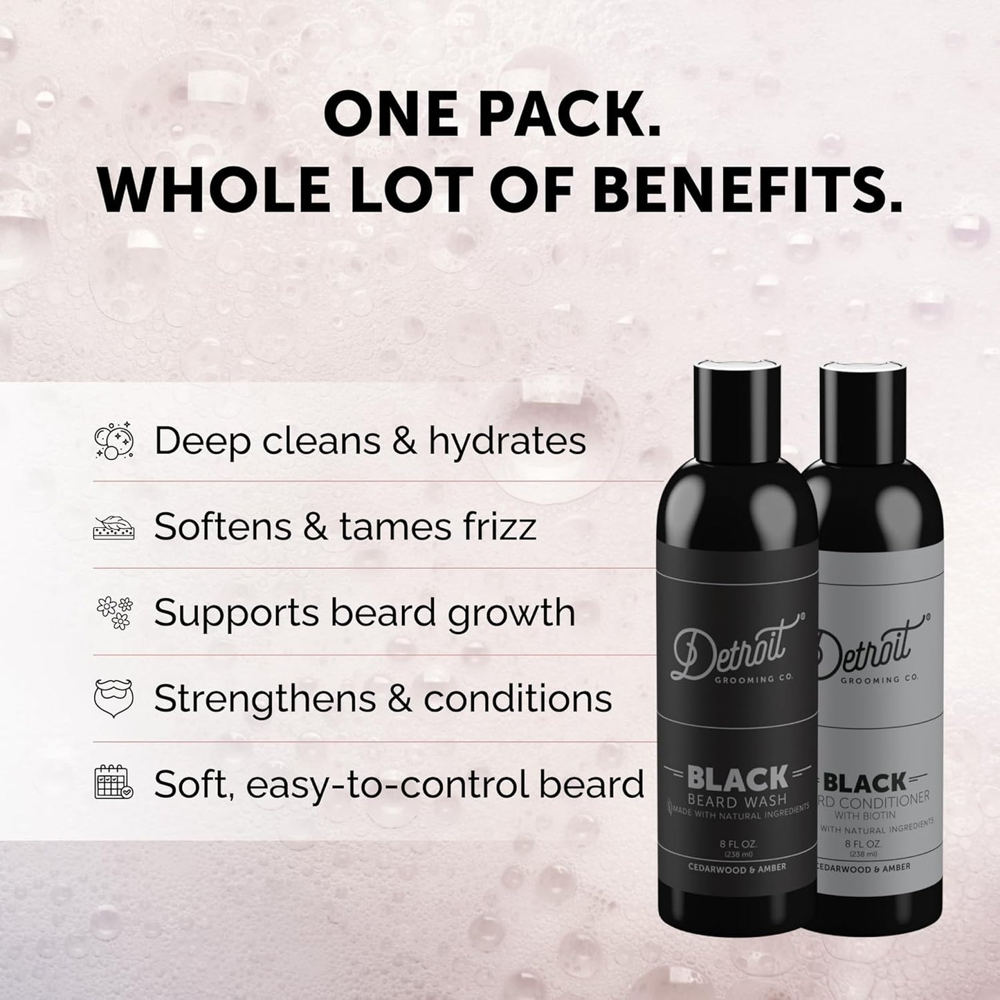 Detroit Grooming Co. Beard Wash and Beard Conditioner - Men's Kit - Softens, Strengthens, Moisturize, Infused w/Argan Oil, Apple Extract, & Aloe Vera - Cedarwood & Amber Scent - Black-8oz