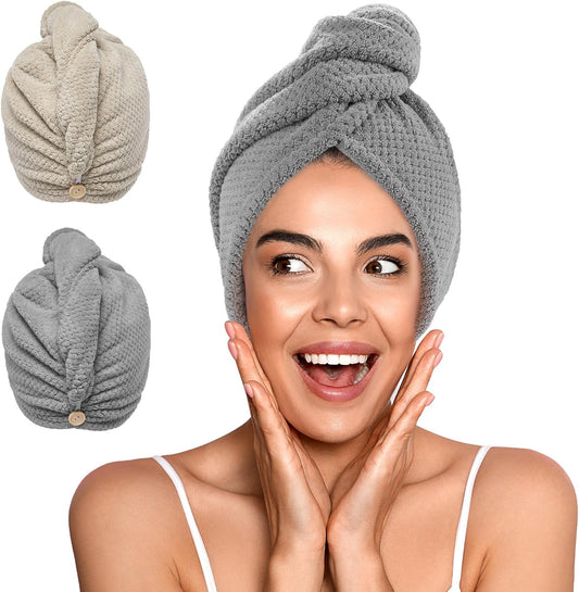 YFONG 2 Pack Microfiber Hair Towel Wrap for Women, Super Absorbent Quick Dry Hair Turban for All Hair Style Anti Frizz, Large Hair Drying Towel with Button
