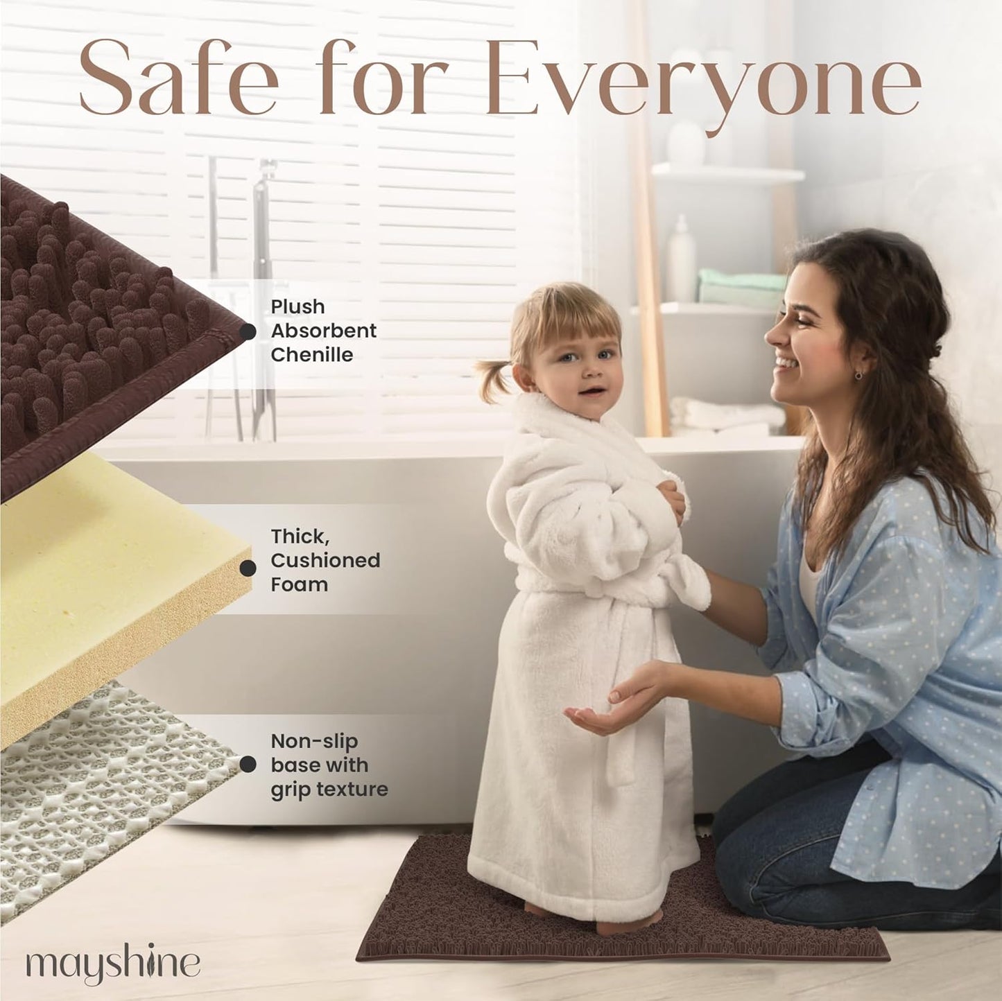 MAYSHINE Plush Shaggy Chenille Bath Mat | Extra Soft, Super Absorbent, Non-Slip Bathroom Rug | Fluffy Microfiber, Area Rug Sets for Bathroom Floor, Kitchen, Living Room | 59"x31" | Brown