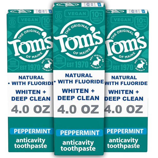 Tom's of Maine Whiten Plus Deep Clean Whitening Toothpaste, Natural Whitening Toothpaste with Plant-Based Cleansers, Enamel Safe, Whitens Without Causing Sensitivity, Peppermint, 4.0 oz (Pack of 3)