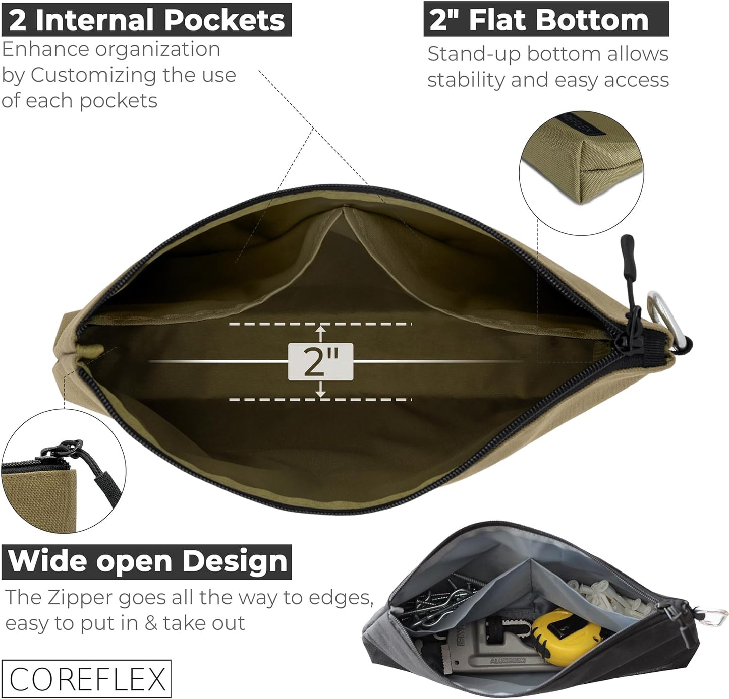 COREFLEX Premium Tool Pouch Zipper Bag, Small Tool Bag, Multipurpose Storage pouch, Heavy duty Flat Bottom Tool bag with YKK Zipper (6 pack Large 12inch)