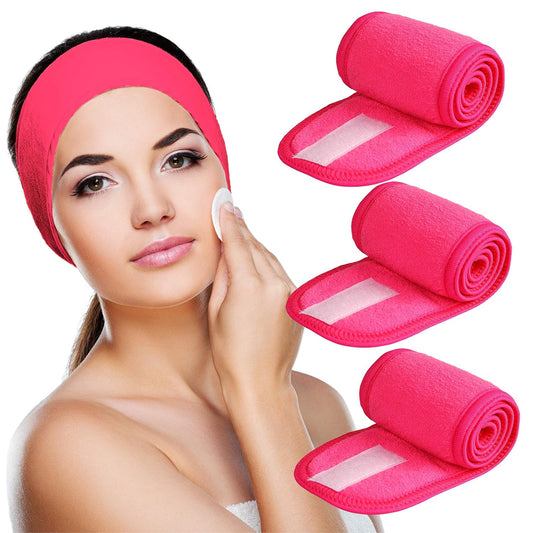 Denfany 3 Pack Makeup Headband, Ultra Soft Adjustable Spa Facial Headbands Terry Cloth Stretch Make Up Wrap for Face Washing, Bathing, Showers (Rose Red)
