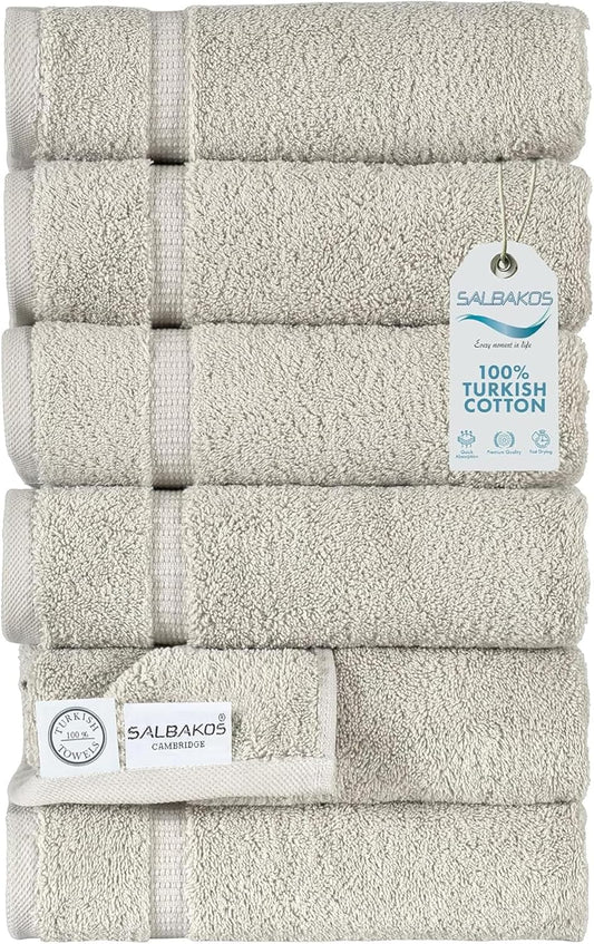 SALBAKOS 100% Turkish Cotton Hand Towel Set of 6 16x30 inch | Heirloom Quality | Hotel & Spa Collection | Ultra Soft, Super Absorbent, Long Lasting Hand Towels | Made in Turkey (Stone, 6 Hand Towels)