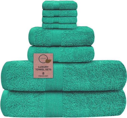 Softolle Luxury 8 Piece Towel Set, 2 Bath Towels 2 Hand Towels 4 Washcloths, Towels for Bathroom, Home, Spa & Gym - Highly Absorbent (Turquoise)