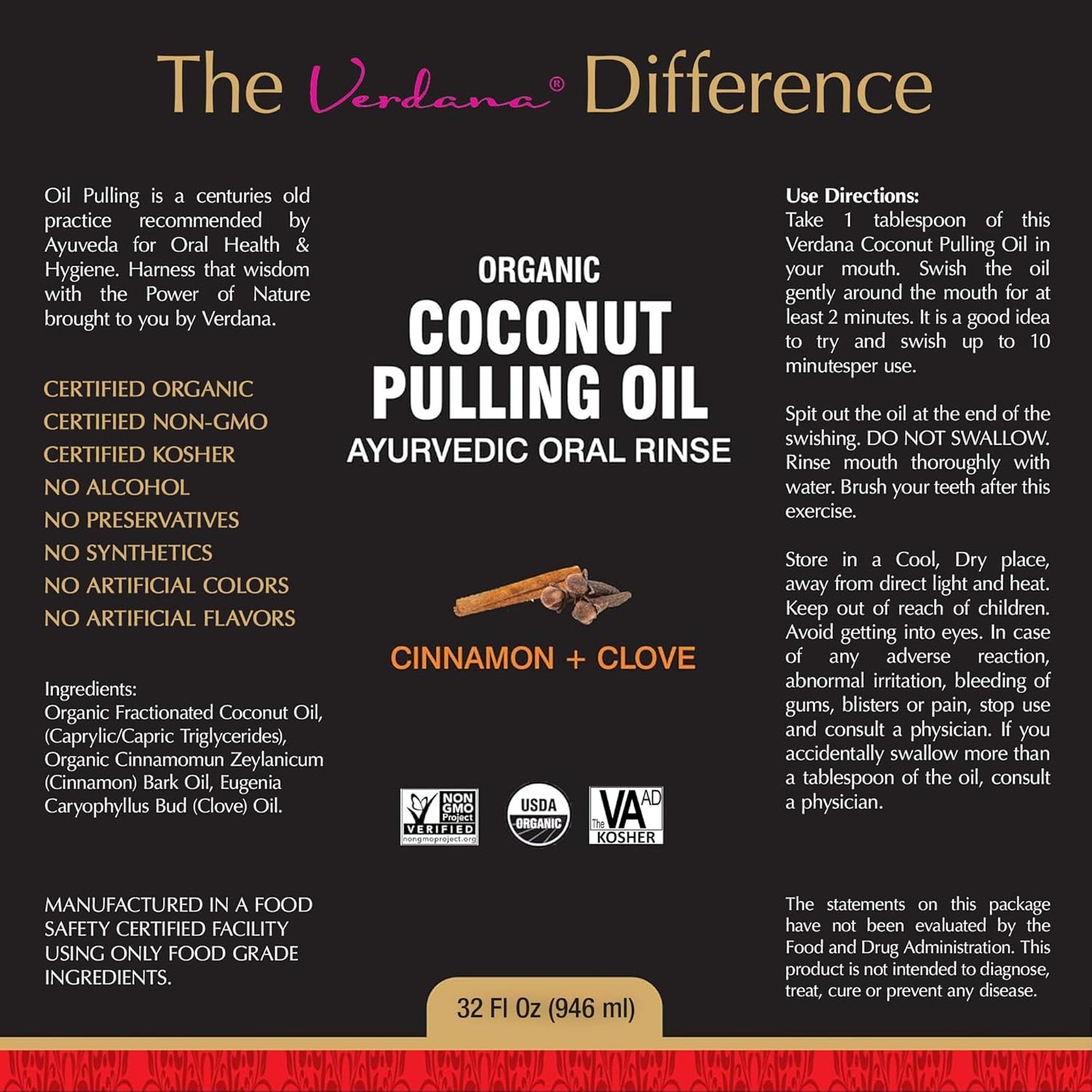 Verdana Organic Oil Pulling Mouthwash – 32 oz Cinnamon & Clove – USDA Organic Coconut Oil Rinse for Teeth & Gums – Alcohol-Free, Fluoride-Free Natural Mouthwash for Fresh Breath & Gum Health