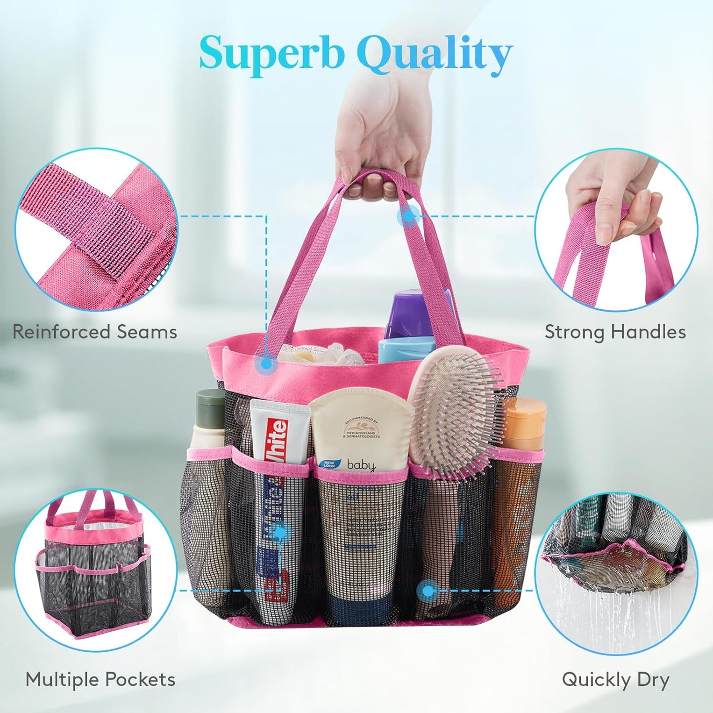 Lifewit Mesh Shower Caddy Freestanding Portable Shower Tote Bag for College Dorm, Bathroom, Gym, Travel, Quick Dry Hanging Shower Organizer with 7 Storage Pockets for Toiletry Essentials, Pink