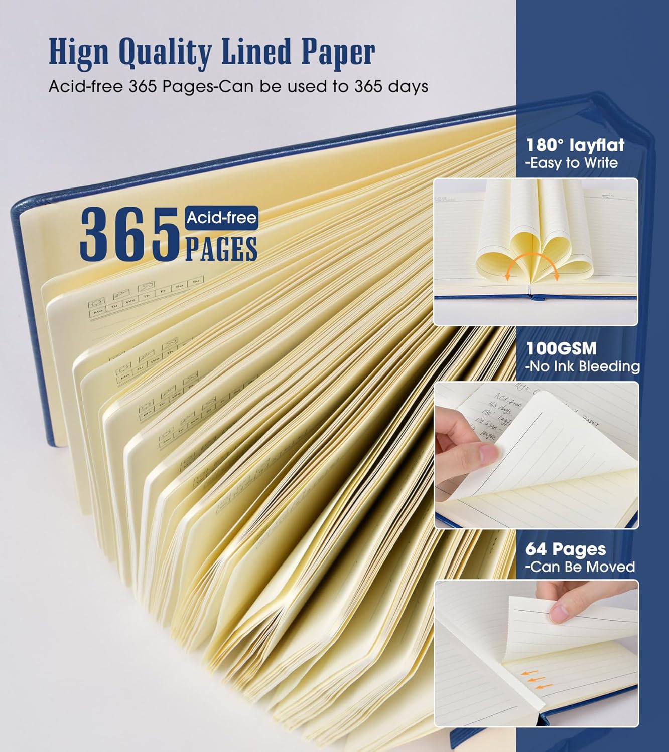 Lined Journal Notebook -365 Pages A5 Thick Journals for Writing Ruled Notebook, Hardcover Leather Journal for Women Men, Daily Notebook for Work, Note Taking, 100Gsm Paper( 5.75'' X 8.38'' Darkblue)