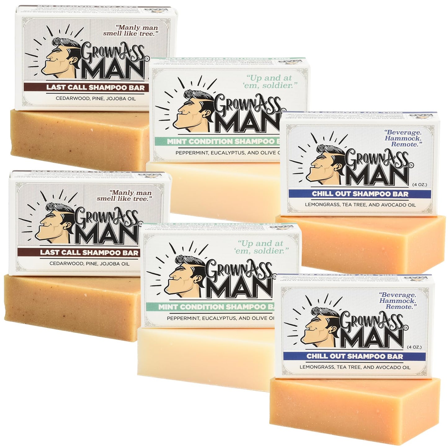 Grown Ass Man Co. - Solid Shampoo Bar Rich Lather 3 in 1: Hair, Beard & Body Wash - Plastic Free & Eco-Friendly, Natural & Organic Clean for All Hair Types, 4oz Bar (Variety, 6-Pack)