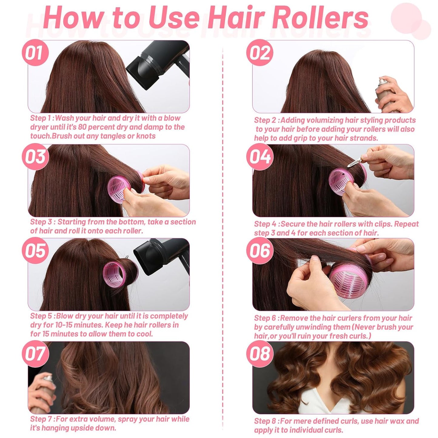 Big Self-Grip Hair Rollers with Stainless Steel Duckbill Clips for Long, Medium Hair and Volume