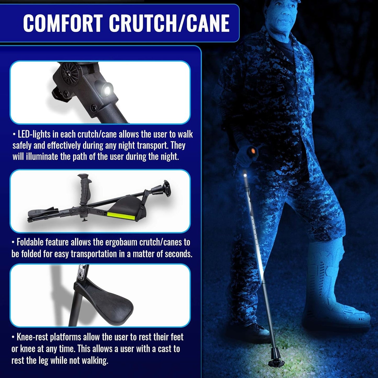 7G Ergonomic Crutch/High Performance Perfect Cane- Single Unit Ergobaum That Acts As a Extra Balance Strong Performance Walking Companion