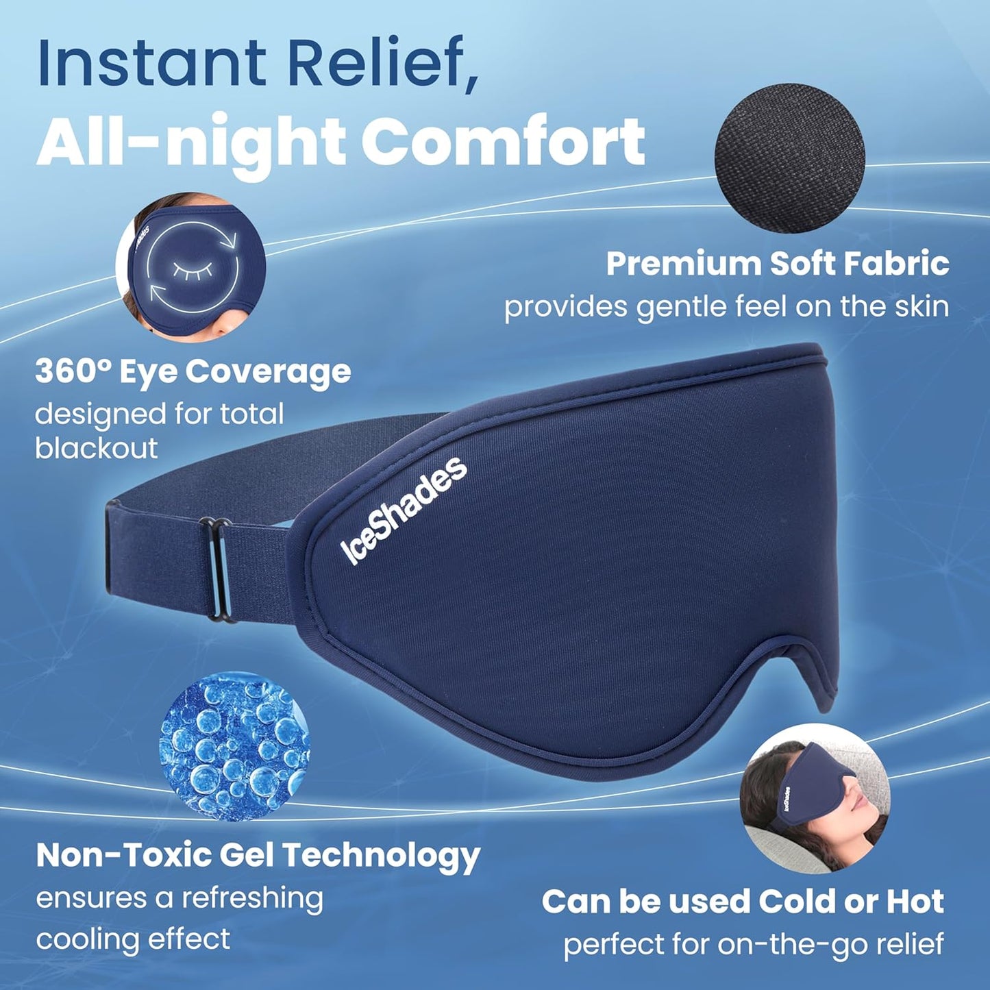 IceShades Cooling Gel Eye Mask for Migraine Relief, Tension & Hangover Migraine Mask, Cold Compress for Headache Dark Circles Tired Puffy Eyes, Reusable Ice Pack for Sleeping, Blue