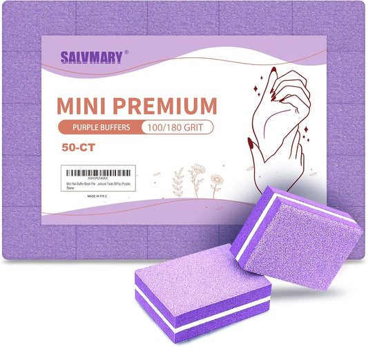 Mini Nail Buffer Block File 100/180 Grit Sponge Buffing Sanding Blocks Manicure Tools 50Pcs (Purple)