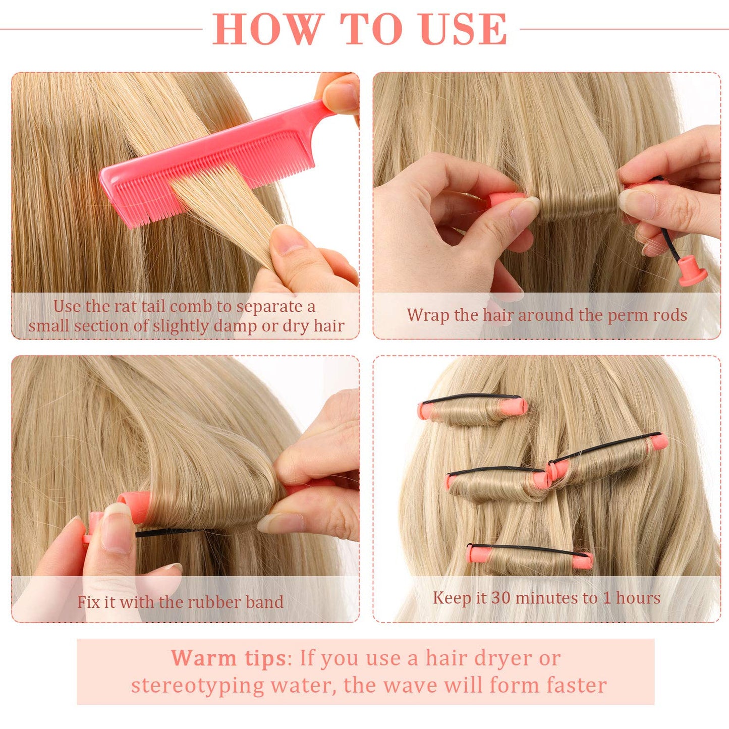 WILLBOND 36 Pieces Cold Wave Rod Hair Perm Rods Hair Rollers Perming Curlers with Steel Rat Tail Comb for Hairdressing Styling