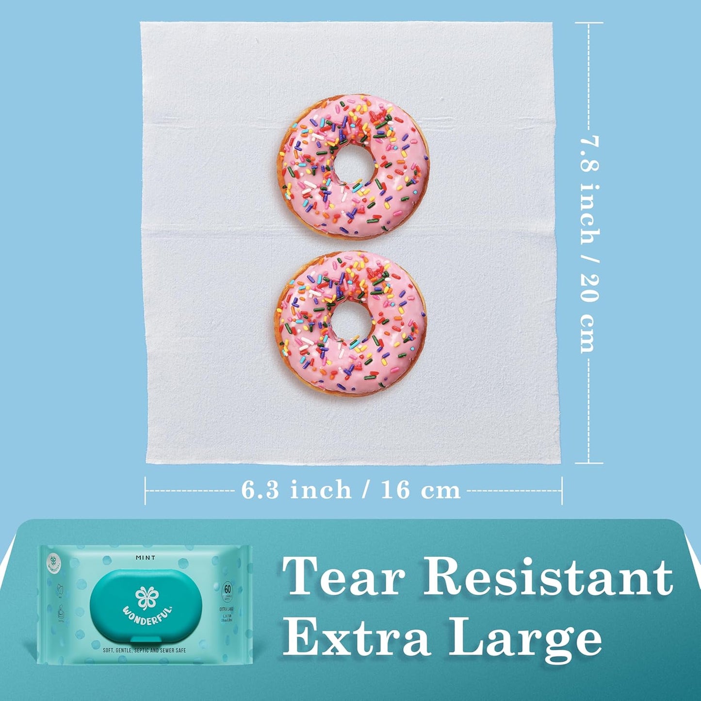 WONDERFUL Flushable Butt Wipes, Mint 100% Plant-Based Wet Wipes for Adults & Kids, Sewer & Septic Safe, Gentle for Sensitive Skin, Wipes Flushable Pack for Bathroom & Travel, 1-Pack (60 Wipes)