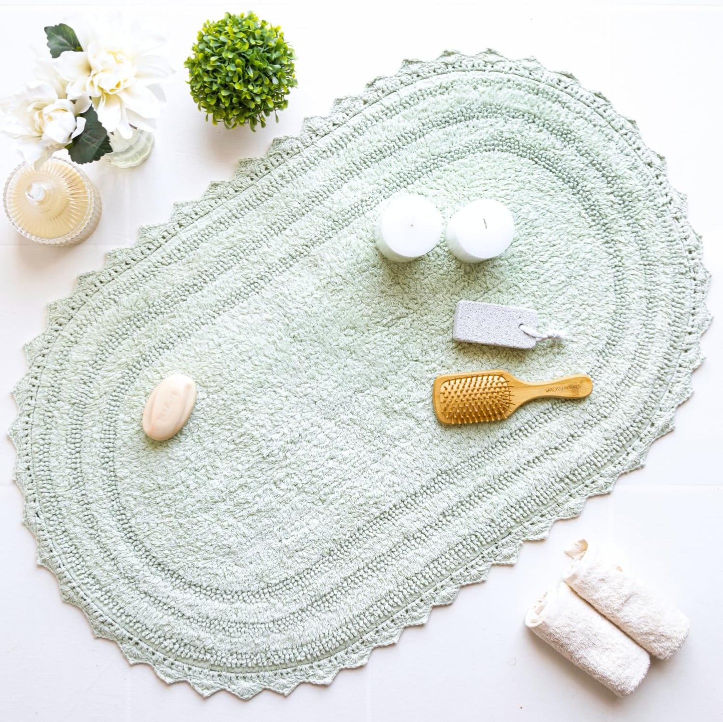RAJRANG Meadow Mist Bathroom Rug with Crochet Pattern Cotton Absorbent Soft Reversible Boho Bath Mat Oval 24x17 Inches