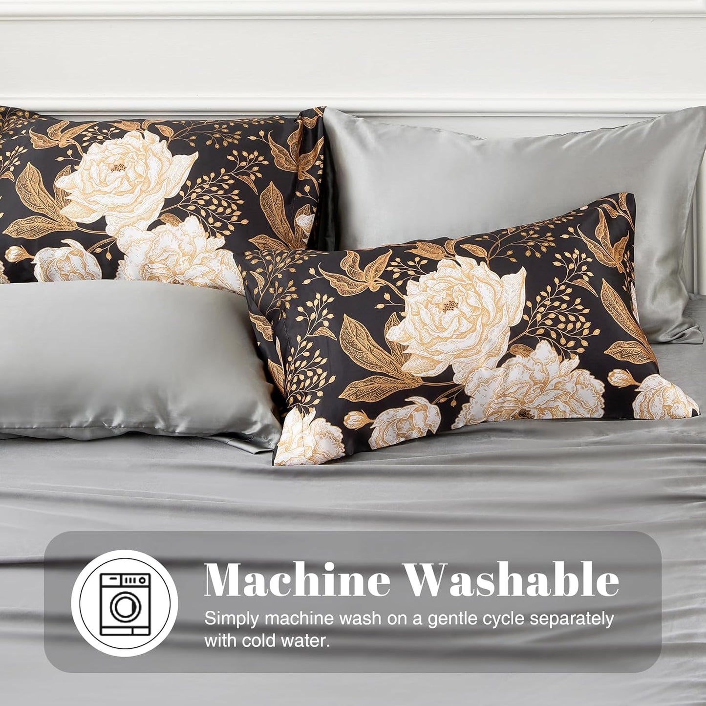 EXQ Home Satin Pillowcase for Hair and Skin Queen - Peony Printed Standard Silk Pillowcase 2 Pack 20x26 inches - Satin Pillow Cases Set of 2 with Envelope Closure, Gifts for Women